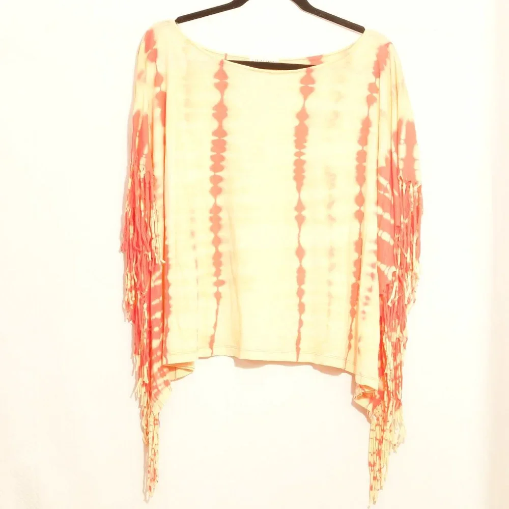 Free People Tie-Dye Fringe Short Sleeve Top in Coral and Cream